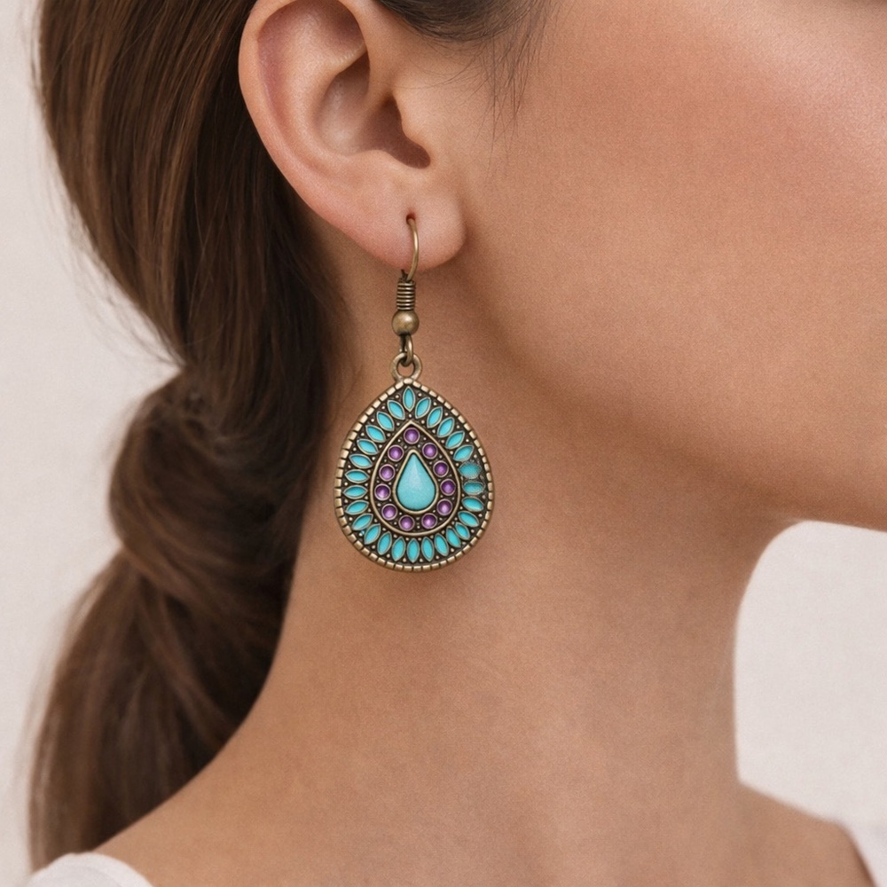 Teal & Purple Bohemian Mandala Dangle Earrings